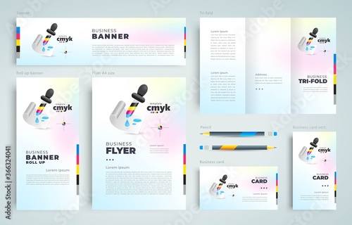 Polygraphy cmyk print theme Set flyer cover, tri-fold, banner, roll up banner, business card