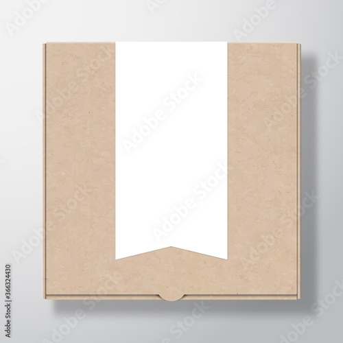 Craft Cardboard Pizza Box Container with Clear White Flag Stripe Banner Label Template. Realistic Carton Texture Paper Packaging Mock Up with Soft Shadow.