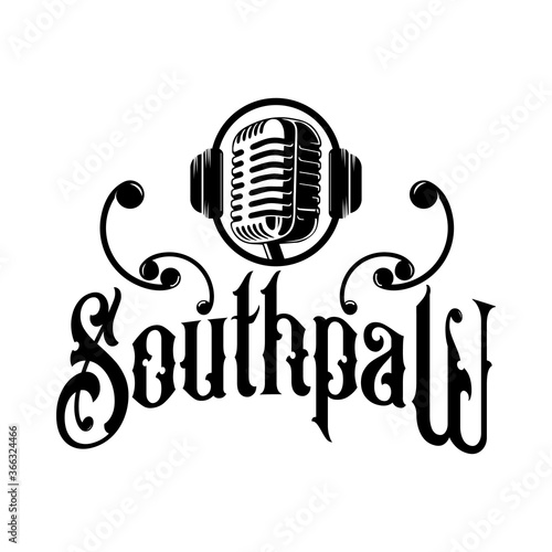 hand written lettering with retro microphone. Logo, sign, symbol. Vector illustration.