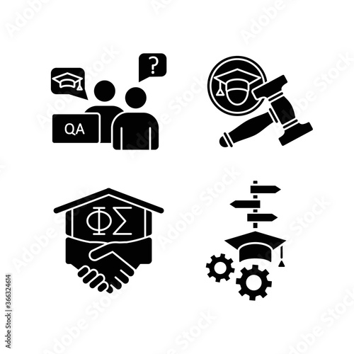 College life black glyph icons set on white space. Academic advisor. University student organization. Student life and activities. Silhouette symbols. Vector isolated illustration