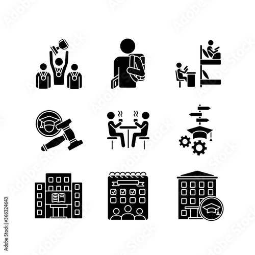 University life black glyph icons set on white space. Freshmen life and activities. College education. Students residence hall. Silhouette symbols. Vector isolated illustration