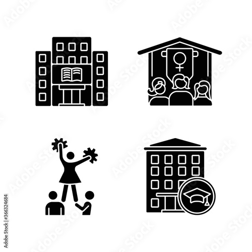 Freshman life black glyph icons set on white space. University female organizations and sports. Cheerleading. Library building. Silhouette symbols. Vector isolated illustration