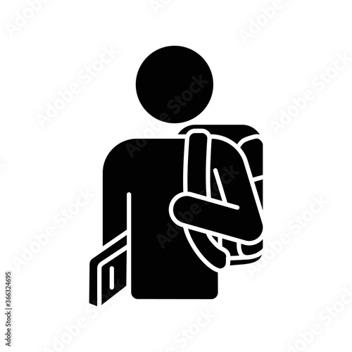 Freshman black glyph icon. Ninth grade student. High school pupil with rucksack. University undergraduates. International student. Silhouette symbol on white space. Vector isolated illustration