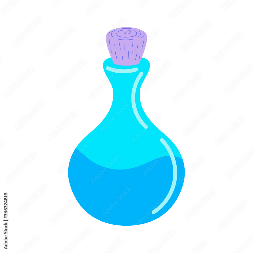A glass bottle with a magic potion. A magic potion.antidote. Elixir. Flat vector illustration. Design for Halloween, invitation cards, greeting cards, printing. Cute little bottle of witch potion. A glass bottle with a magic potion. A magic potion.antidote. Elixir. Flat vector illustration. Design for Halloween, invitation cards, greeting cards, printing. Cute little bottle of witch potion.
