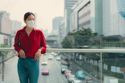 Young woman in the city use hygienic mask 