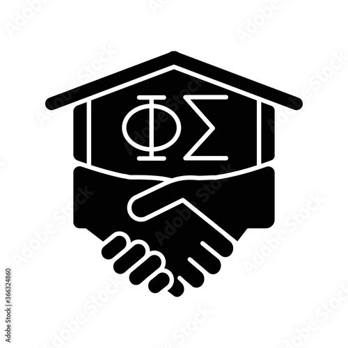 Fraternity black glyph icon. Fraternal organization in university. Men club, association. College fraternities. Student activities. Silhouette symbol on white space. Vector isolated illustration