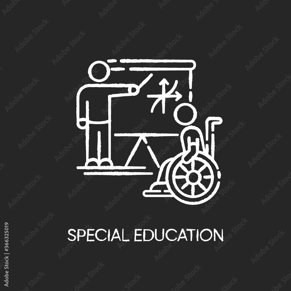 Special education chalk white icon on black background. Inclusive education. Conditions for disabled people. Student in wheelchair and personal teacher Isolated vector chalkboard illustration Special education chalk white icon on black background. Inclusive education. Conditions for disabled people. Student in wheelchair and personal teacher Isolated vector chalkboard illustration