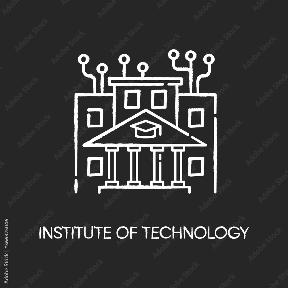 Institute of technology chalk white icon on black background. Professional IT college, higher education. Computer programming academy, coding courses. Isolated vector chalkboard illustration