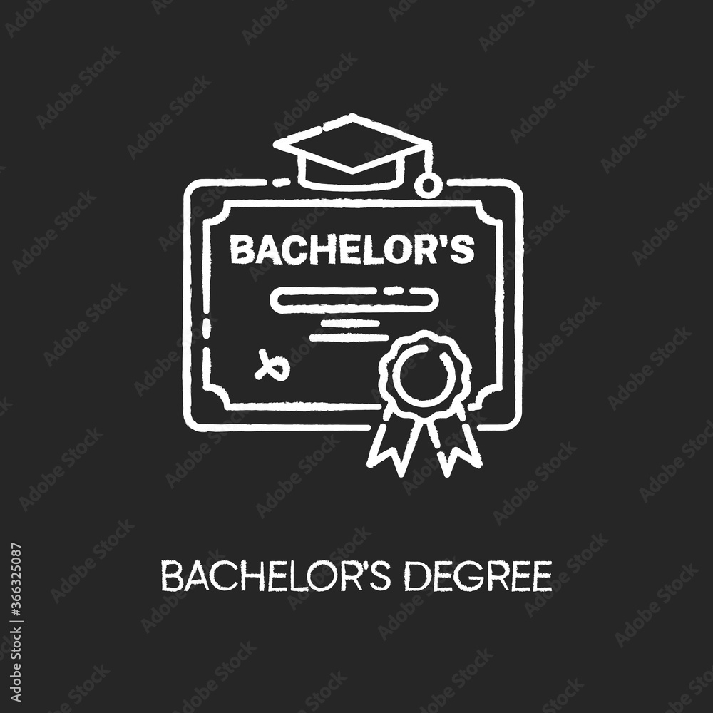 Bachelors degree chalk white icon on black background. Successful university graduation document. Higher education. Student diploma, academic certificate Isolated vector chalkboard illustration Bachelors degree chalk white icon on black background. Successful university graduation document. Higher education. Student diploma, academic certificate Isolated vector chalkboard illustration