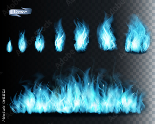 Collection of blue transparent fire  flames. Vector illustration.
