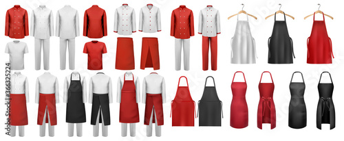 Big set of culinary clothing, white and red suits and aprons. Vector.