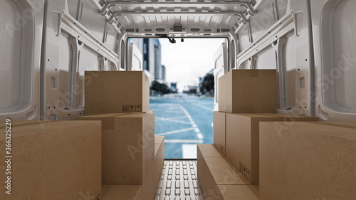 Fotografie, Obraz commercial delivery vans with cardboard boxes. 3d rendering