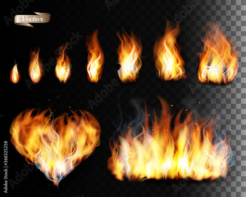 Collection of fire vectors - flames and a heart shape. Vector.