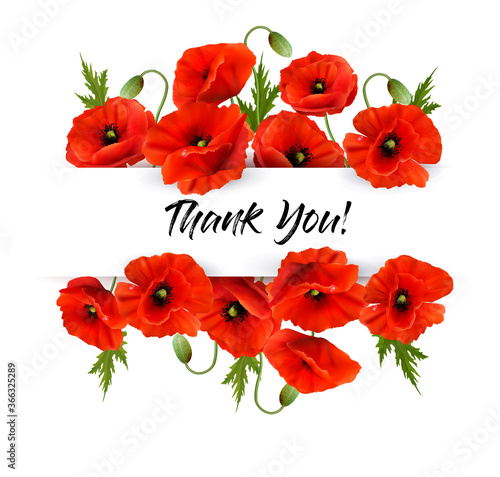 Natural greeting card with red poppies flowers. Vector.