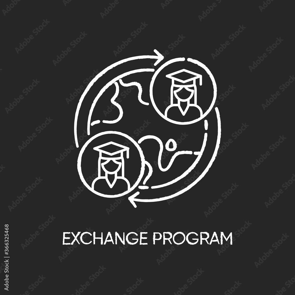 Exchange program chalk white icon on black background. International students swap. Opportunity for studying in foreign university. Education abroad. Isolated vector chalkboard illustration