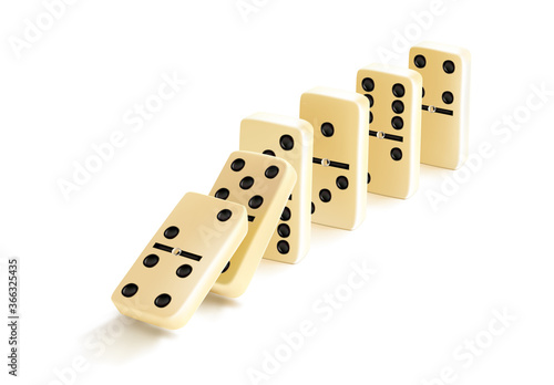 Fallen domino tiles raw. Realistic vector domino effect. Graphic illustration isolated on white background. White bones board game. photo