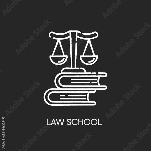 Law school chalk white icon on black background. Professional jurisprudence education, judicial system. Legal court trial, justice. Scales on books stack Isolated vector chalkboard illustration