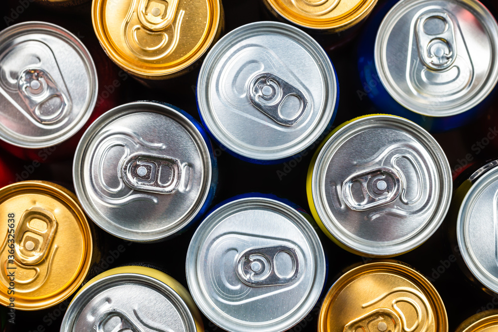 Group of aluminium cans, cold drink. Top view.