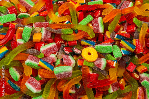 Assorted gummy candies. Top view. Jelly sweets background.