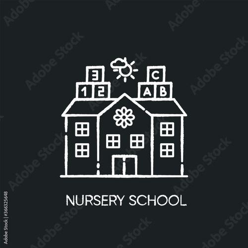 Nursery school chalk white icon on black background. Pre primary, elementary education establishment for little children. Play school, day care, kindergarten. Isolated vector chalkboard illustration