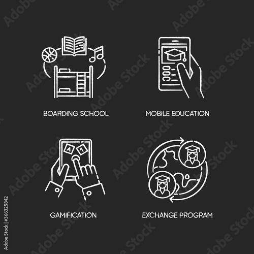 Modern learning opportunities chalk white icons set on black background. Boarding school, mobile education, gamification and student exchange program. Isolated vector chalkboard illustrations