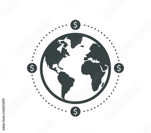 Dollar sign around the world. Money transfer around the world.  Globe with money icon.  Money transaction icon. Bank icon. 