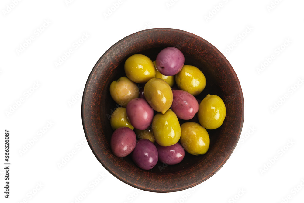 Olives in ceramic brown bowl isolated on white Olives in ceramic brown bowl isolated on white