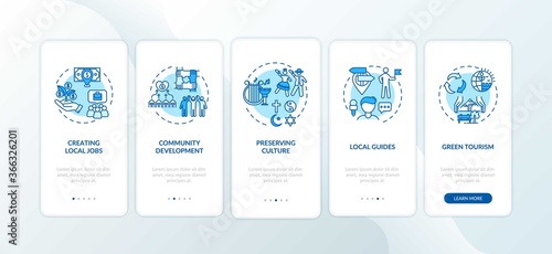 Benefits of local tourism onboarding mobile app page screen with concepts. Community development. Walkthrough 5 steps graphic instructions. UI vector template with RGB color illustrations