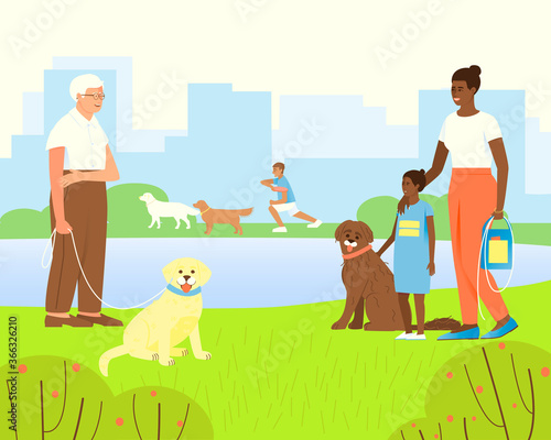 Portuguese aquatic dog with African American mom and daughter. Old man and a guide dog. Illustration of a park or playground with a pond for walking dogs
  Flat vector illustration.