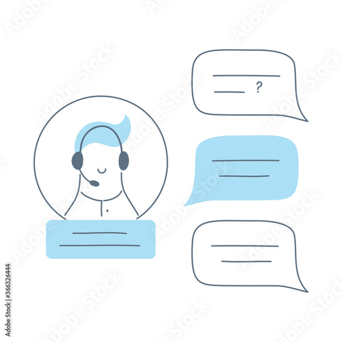 Chat in messenger, online support, conversation with a customer service representative. Man with a headset writes chat bubbles. Flat outline vector illustration on white isolated background