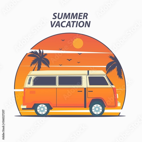 Trip car summer vacation in flat design style.