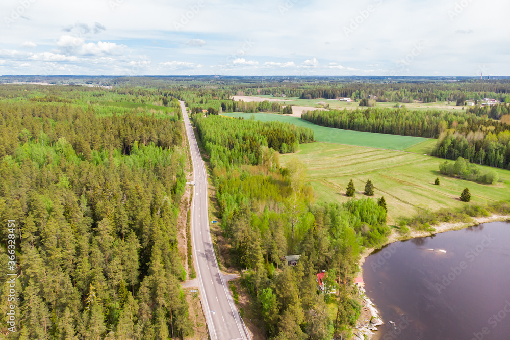 Aerial panoramic view of road in Kouvola near the river Kymijoki, Finland.