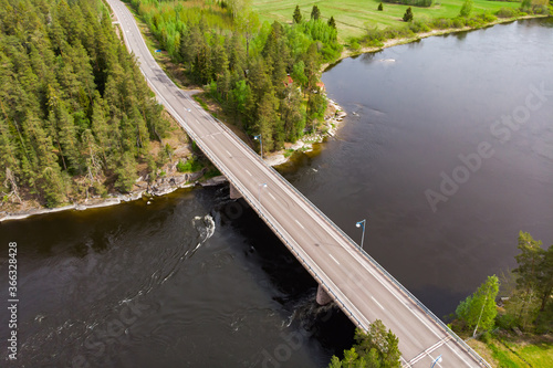 Aerial panoramic view of rapid Susikoski at river Kymijoki, Finland.