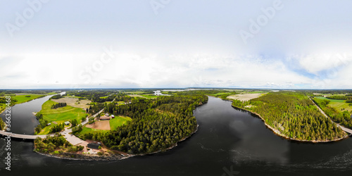 Aerial panoramic view of rapid Susikoski at river Kymijoki, Finland. photo