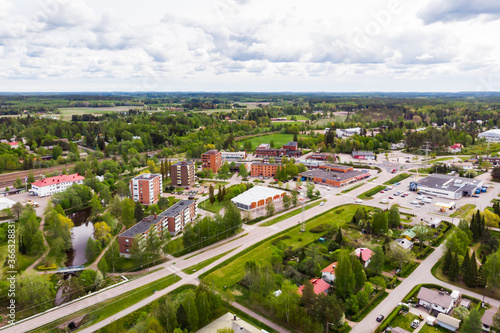 Aerial panoramic view of city Inkeroinen in Finland.