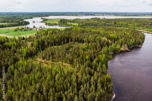 Aerial panoramic view of rapid Susikoski at river Kymijoki  Finland.