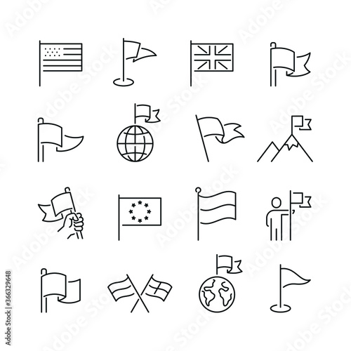Flag related icons: thin vector icon set, black and white kit