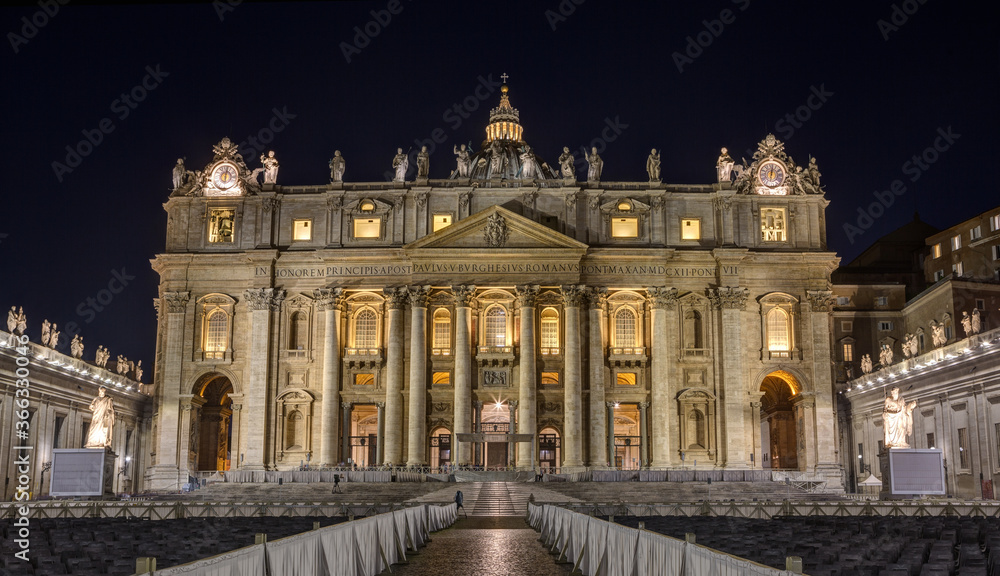 Main facade of St. Peter's Basilica in the evening,  Vatican.