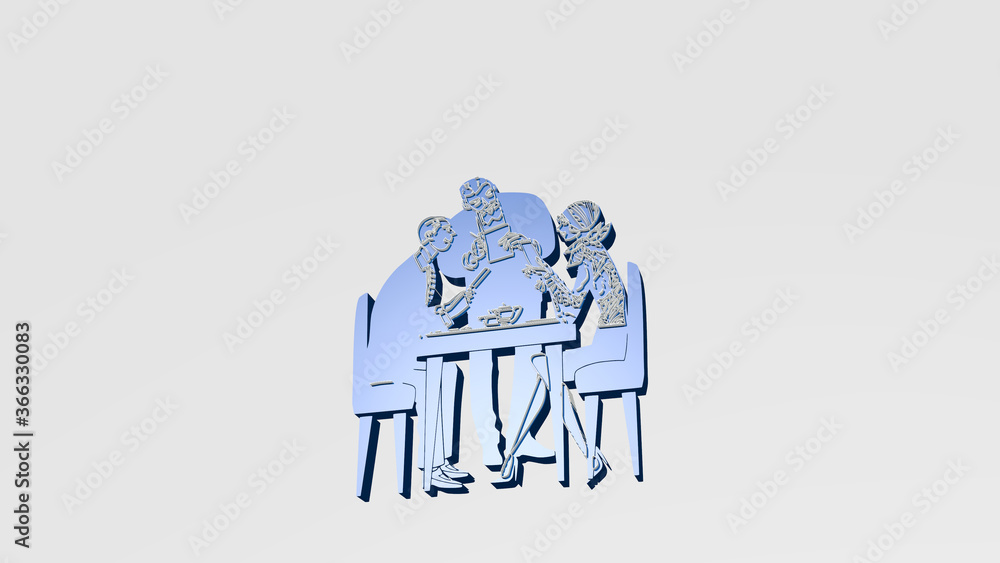 waiter serving man and woman from a perspective on the wall. A thick sculpture made of metallic materials of 3D rendering. illustration and cartoon