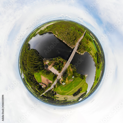 A three dimensional aerial panoramic view of rapid Susikoski at river Kymijoki, Finland, in a mini planet panorama style. photo