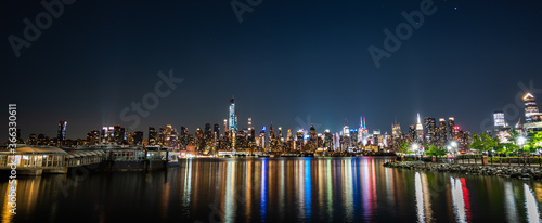 New York City View at Night with water reflection, wide angle, wide view
