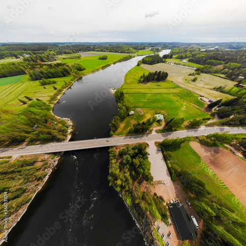 Aerial panoramic view of rapid Susikoski at river Kymijoki, Finland. photo