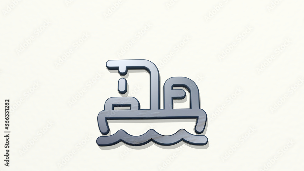 sea transport ship cargo birds on the wall. 3D illustration of metallic sculpture over a white background with mild texture. beach and blue sea transport ship cargo birds on the wall. 3D illustration of metallic sculpture over a white background with mild texture. beach and blue