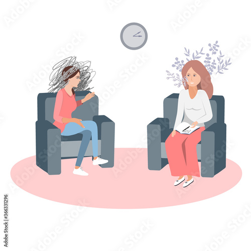 Gestalt psychotherapy session vector illustration. Woman psychologist and talking woman patient. Work with feelings and emotions, society psychiatry concept