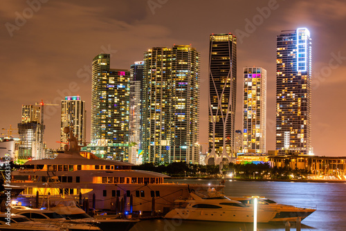Miami south beach street view with water reflections at night. Miami night downtown, city Florida.