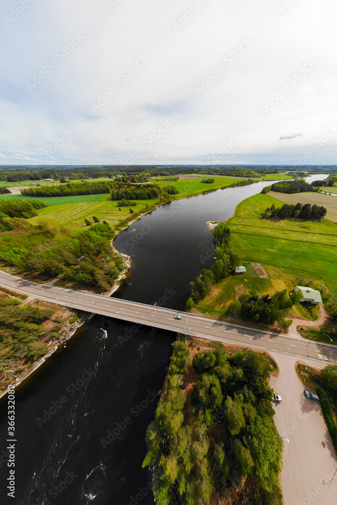 Fototapeta premium Aerial panoramic view of rapid Susikoski at river Kymijoki, Finland.