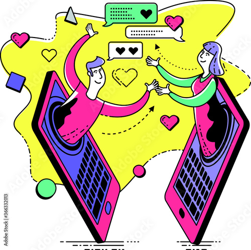 Cartoon character illustration for web design, presentation, infographic, landing page: IT, Internet, online dating, virtual love, Virtual life, social networks, communication.