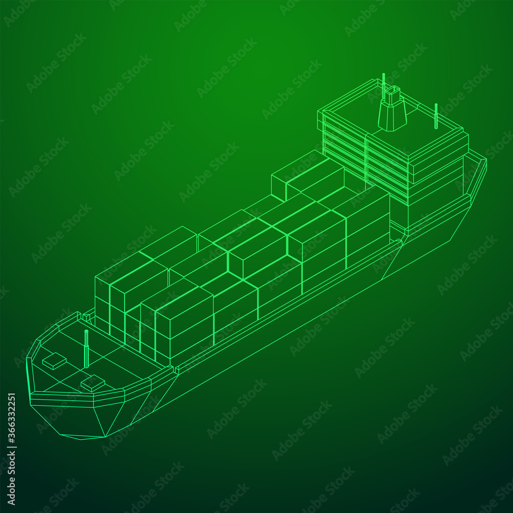 Heavy dry cargo ship of bulk carrier with freight containers. Wireframe low poly mesh vector illustration. Heavy dry cargo ship of bulk carrier with freight containers. Wireframe low poly mesh vector illustration.