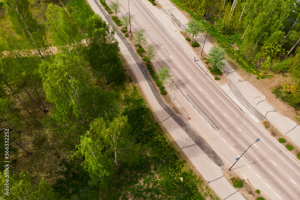 Aerial panoramic view of road in city Inkeroinen in Finland.