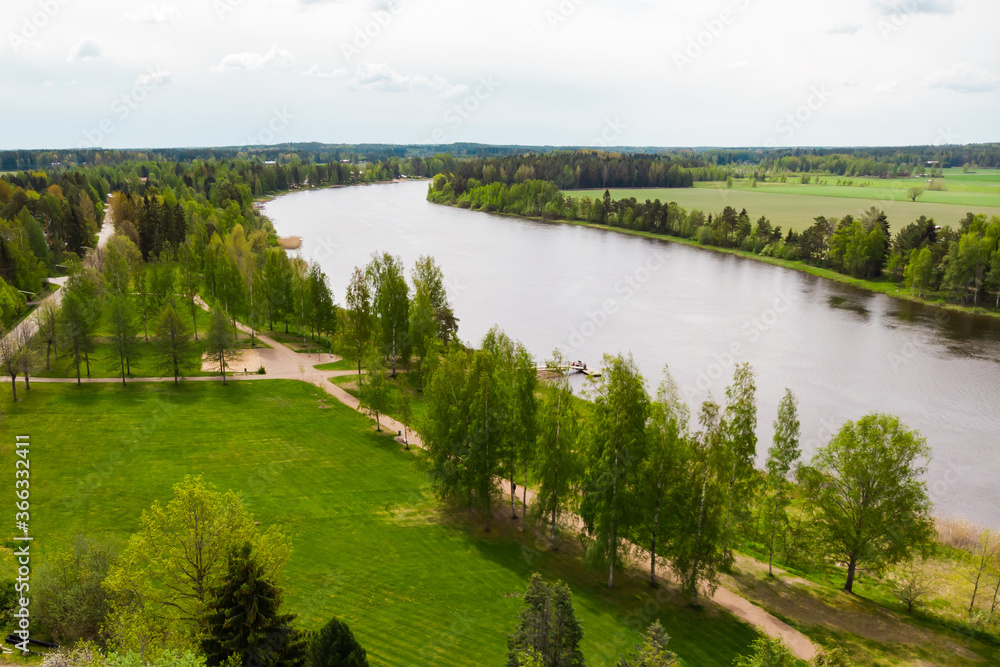 Aerial panoramic view of city Inkeroinen at river Kymijoki, Finland. Aerial panoramic view of city Inkeroinen at river Kymijoki, Finland.